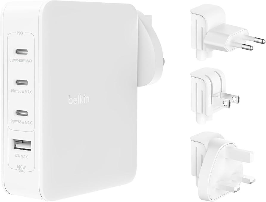 BELKİN 140W 4-PORTS USB GAN WALL CHARGER WITH UK,EU,US PLUG TIPS-WHITE